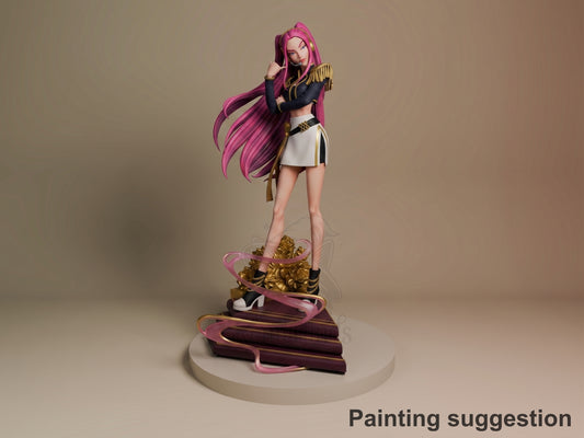 Mira from KPop Demon Hunters painted resin figure standing on ornate base, pink hair flowing, wearing black crop top and white skirt with gold accents, posed with hand to face.