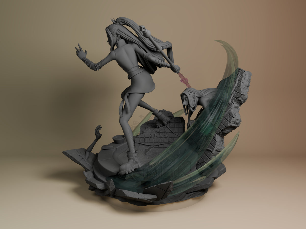 Mira from KPop Demon Hunters appears in an angled, unpainted resin figure with sword and sculpted base.