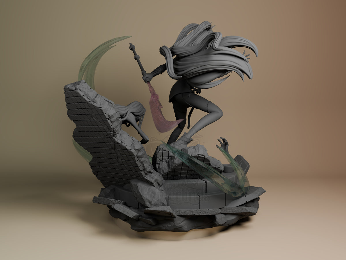 Back view of Mira from KPop Demon Hunters, an unpainted resin figure on a sculpted base.