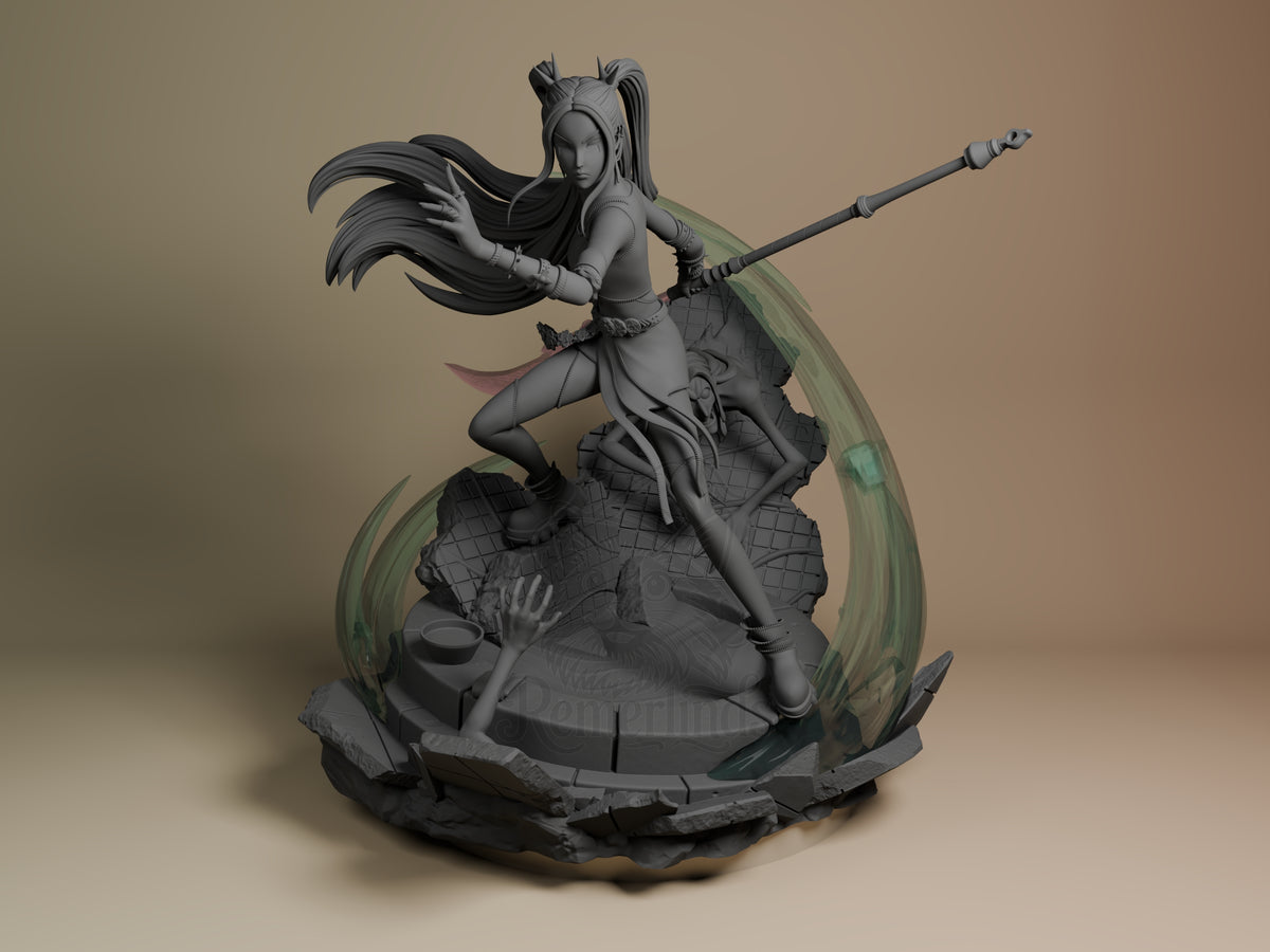Mira from KPop Demon Hunters is an unpainted resin figure in a leaping pose with staff on a sculpted base.