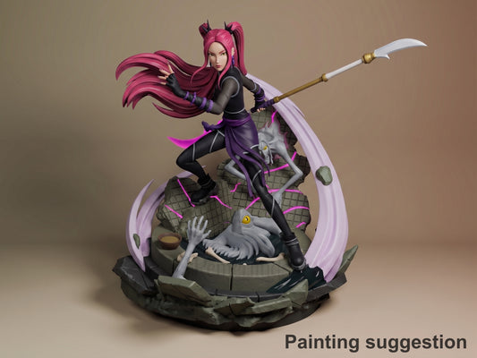 Mira from KPop Demon Hunters resin figure posed dynamically on rocky base, wielding scythe, pink hair flowing, black and purple outfit fully painted with magenta accents.