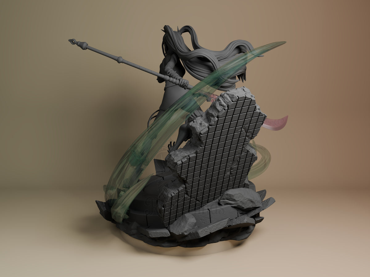 Rear view of Mira from KPop Demon Hunters, an unpainted resin figure with a staff and sculpted ruin base.