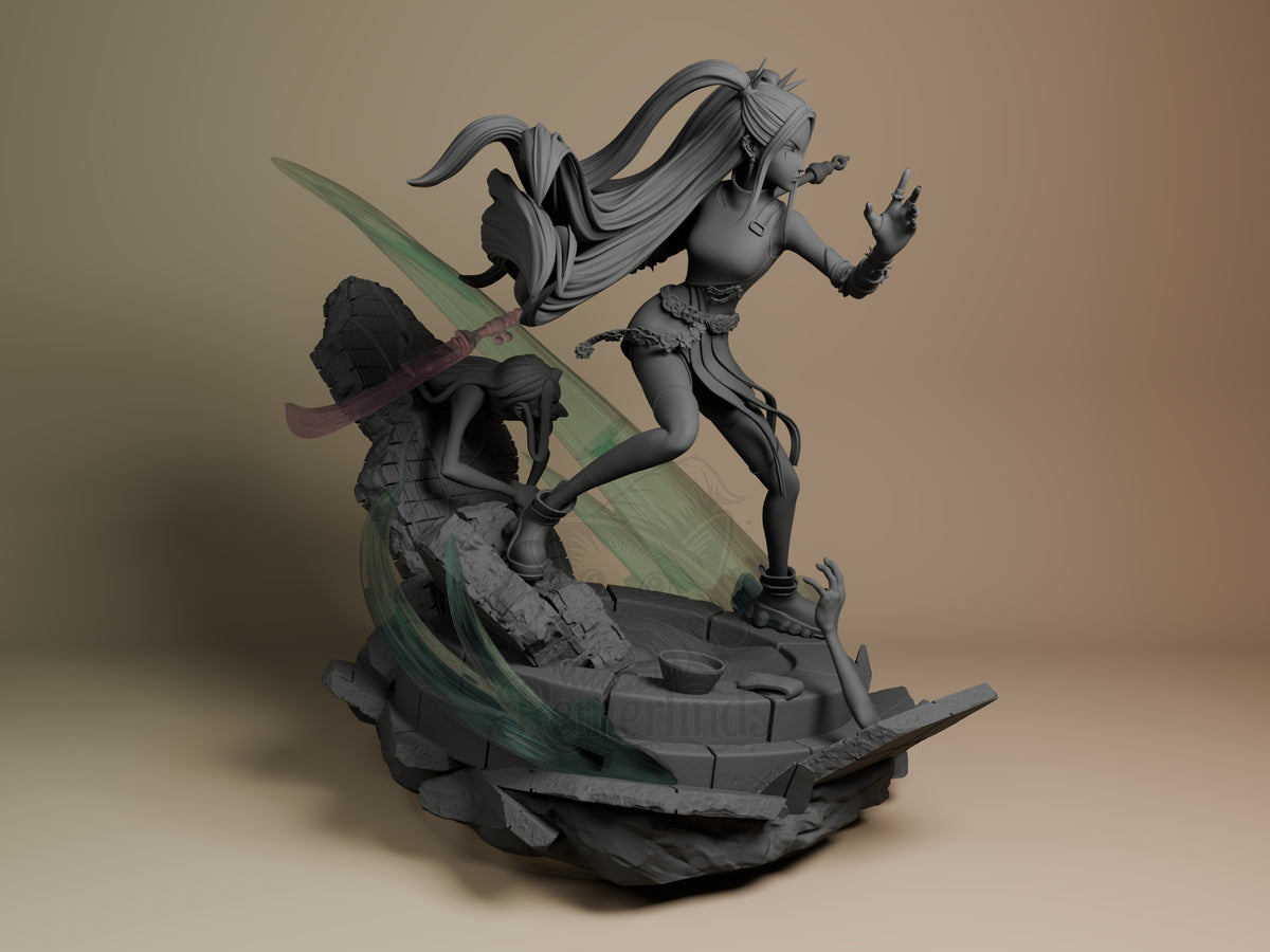 Mira from KPop Demon Hunters appears right-facing as an unpainted resin figure on a rocky base.