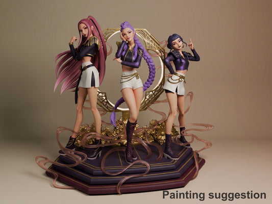 Three painted K-pop Demon Hunter characters posed on ornate gold and purple base: pink-haired Mira left, purple-haired Rumi center, dark-haired Zoey right. Resin diorama.