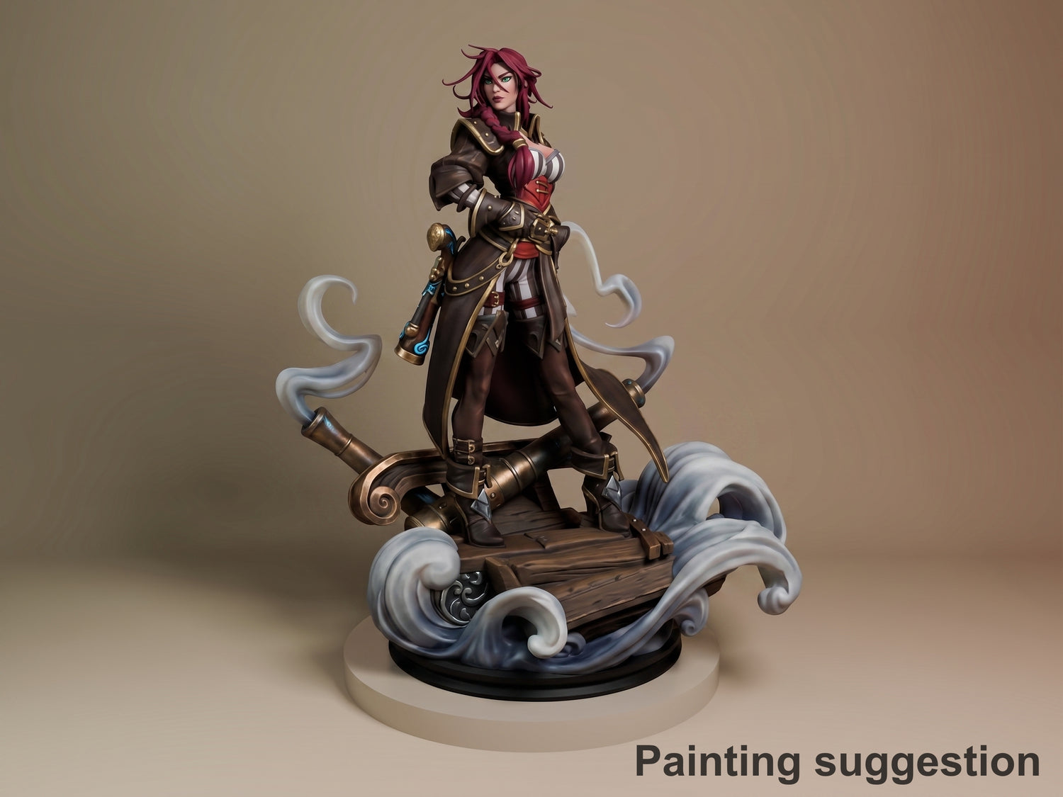 Miss Fortune resin figure standing on ornate base with swirling details, wearing brown coat and burgundy hair, fully painted with metallic accents.