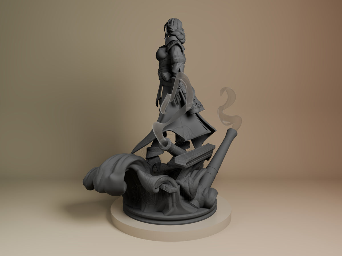 Miss Fortune resin figure shown from left side, standing on ornate base with twin pistols, unpainted gray detail.