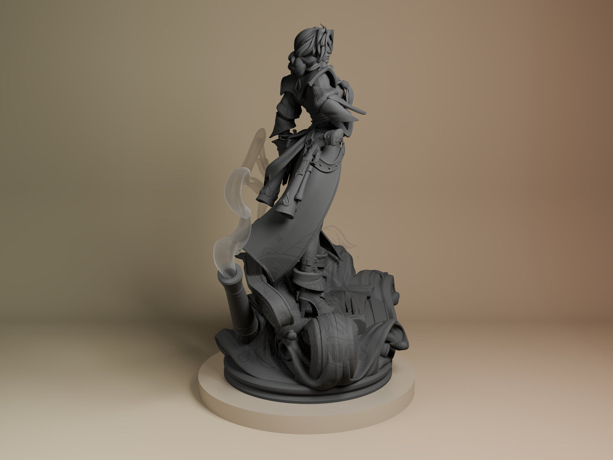 Miss Fortune resin figure shown from right side, unpainted gray, standing on gun-shaped base with flowing coat details and dual pistols.