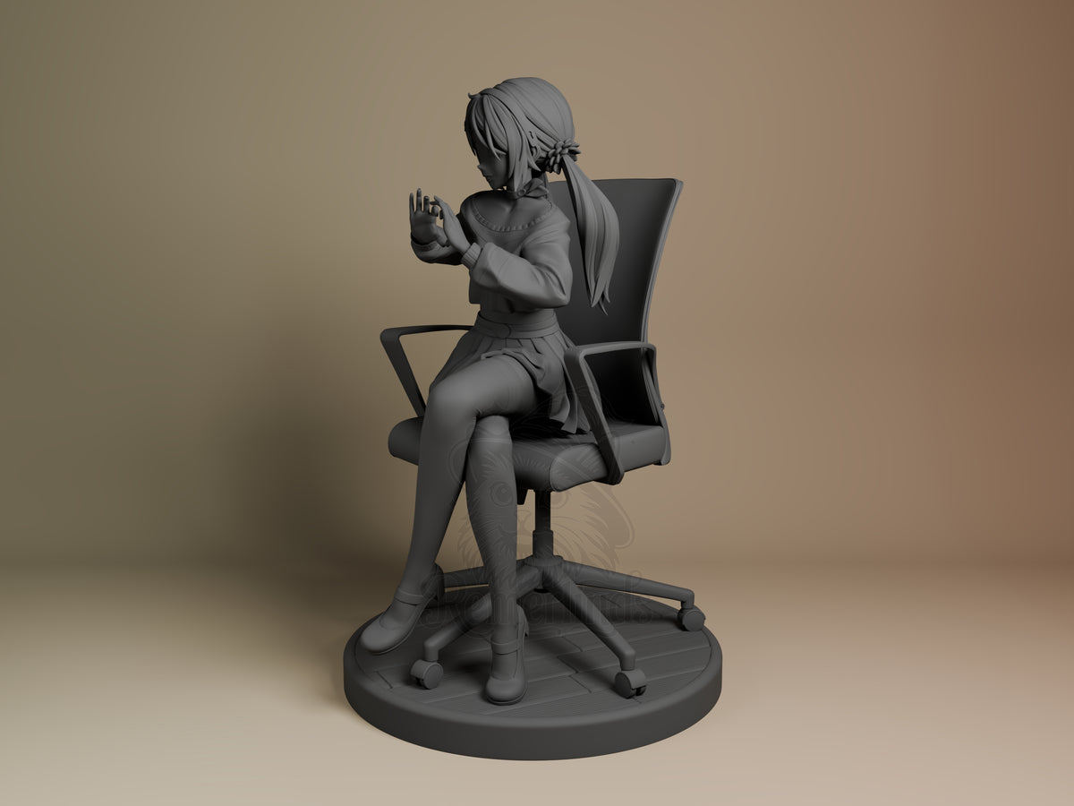Unpainted Mita from MiSide resin figure sits in a chair at a side angle on a round base.