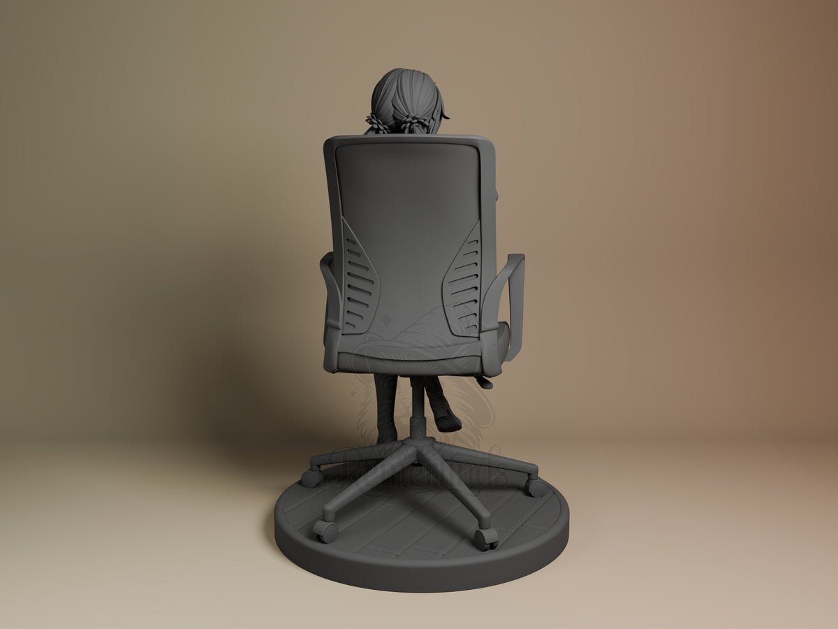 Back view shows unpainted Mita from MiSide resin figure seated in a chair on a round base.