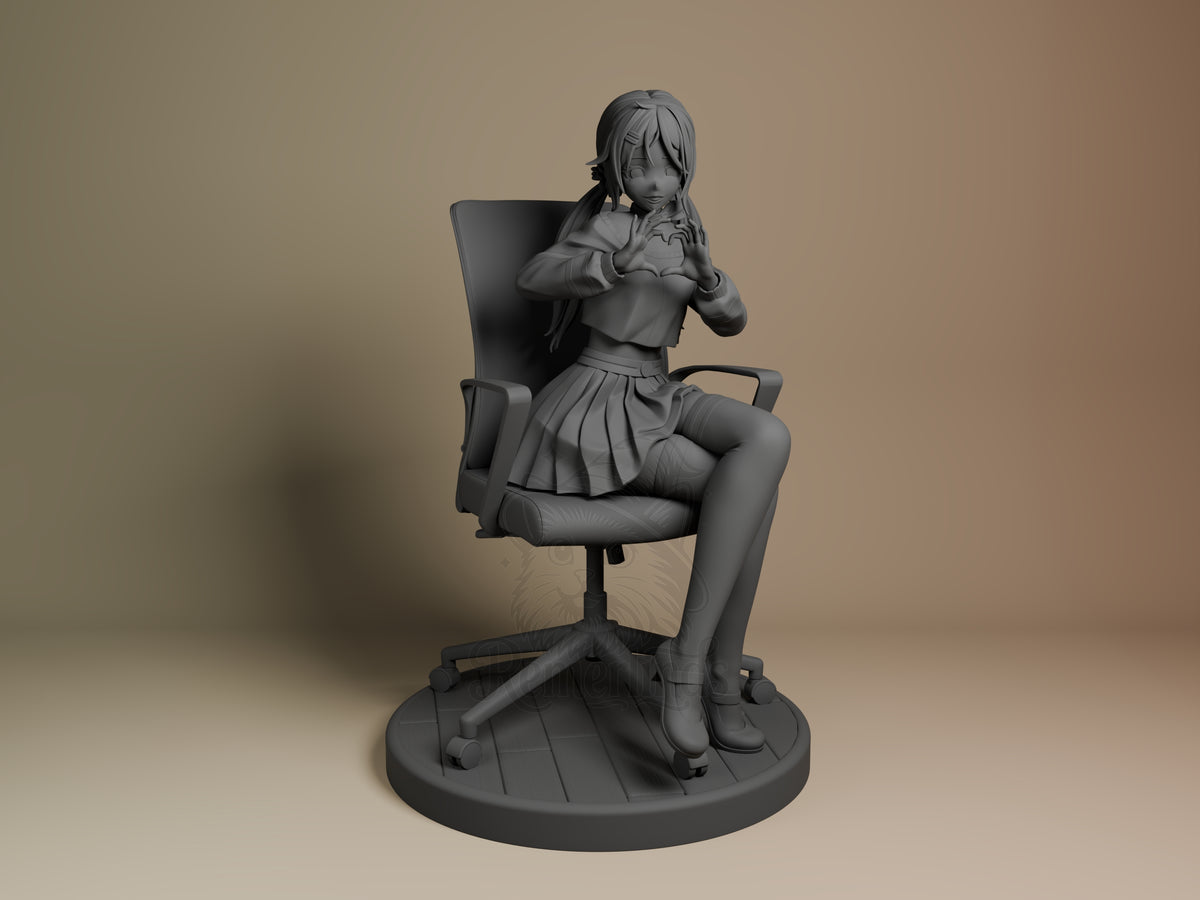 Front view shows Mita from MiSide, an unpainted resin figure seated in a chair on a round base.