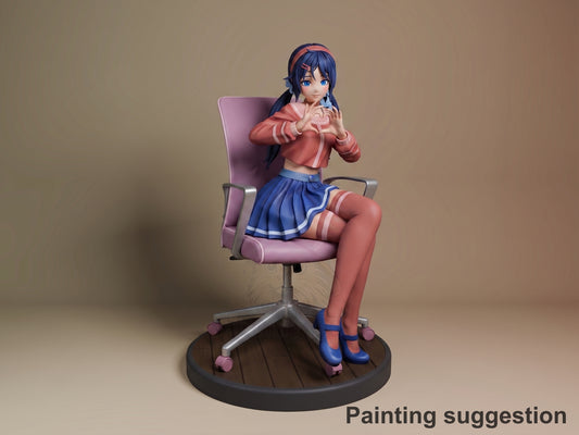 Mita from MiSide resin figure seated on pink office chair, making heart gesture with hands, blue hair, painted in coral and blue tones, wooden base.