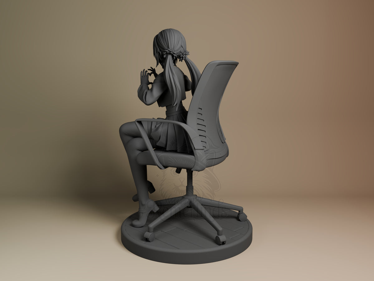 Mita from MiSide resin figure is unpainted, viewed from behind in a chair on a round base.