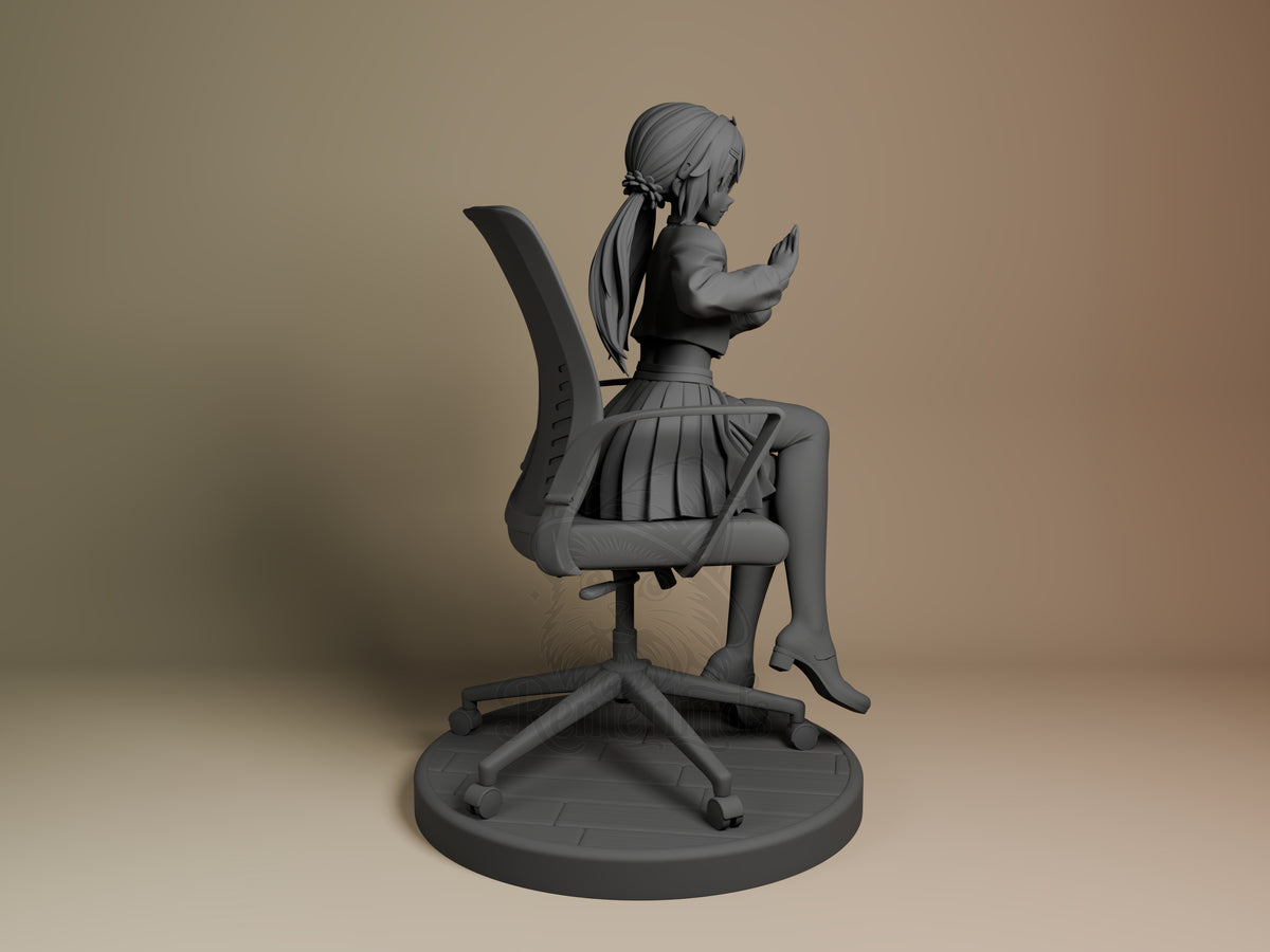 Mita from MiSide is an unpainted resin figure, rear-right view, seated on a chair and round base.