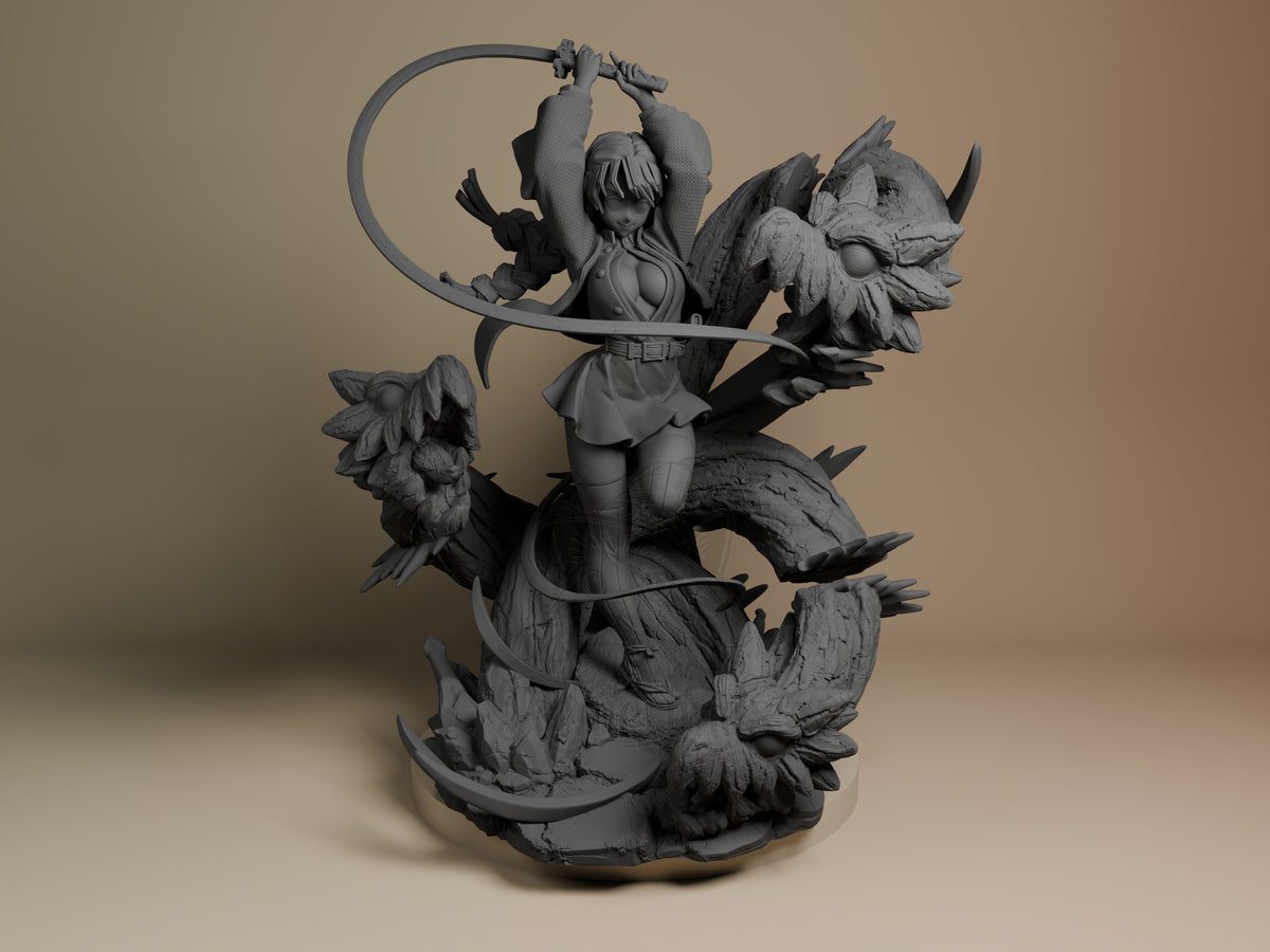 Mitsuri Oni Hunter Corps 3D printed resin figure by Nomnom, unpainted front view. This 3D printed resin figure of Mitsuri from the Oni Hunter Corps series depicts her in a dynamic standing pose with a long curved whip-like weapon held above her head. The design includes multiple large, menacing creature heads with claws and spiked features emerging from a textured base that resembles cracked earth and twisted organic forms, creating an intense and dramatic composition.