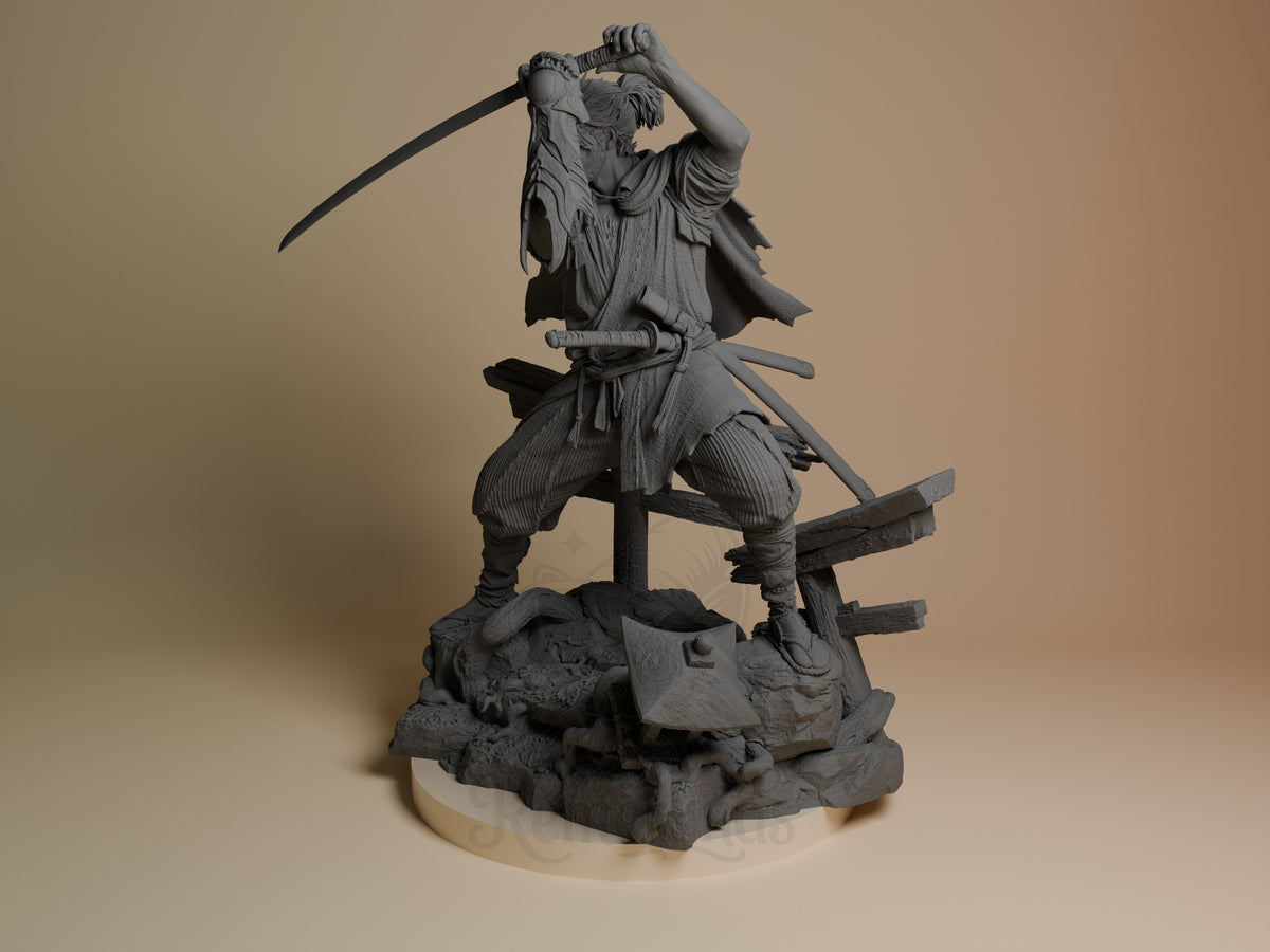 Miyamoto Musashi from Onimusha, an unpainted resin figure, is viewed at an angle with sword raised over a rocky base.