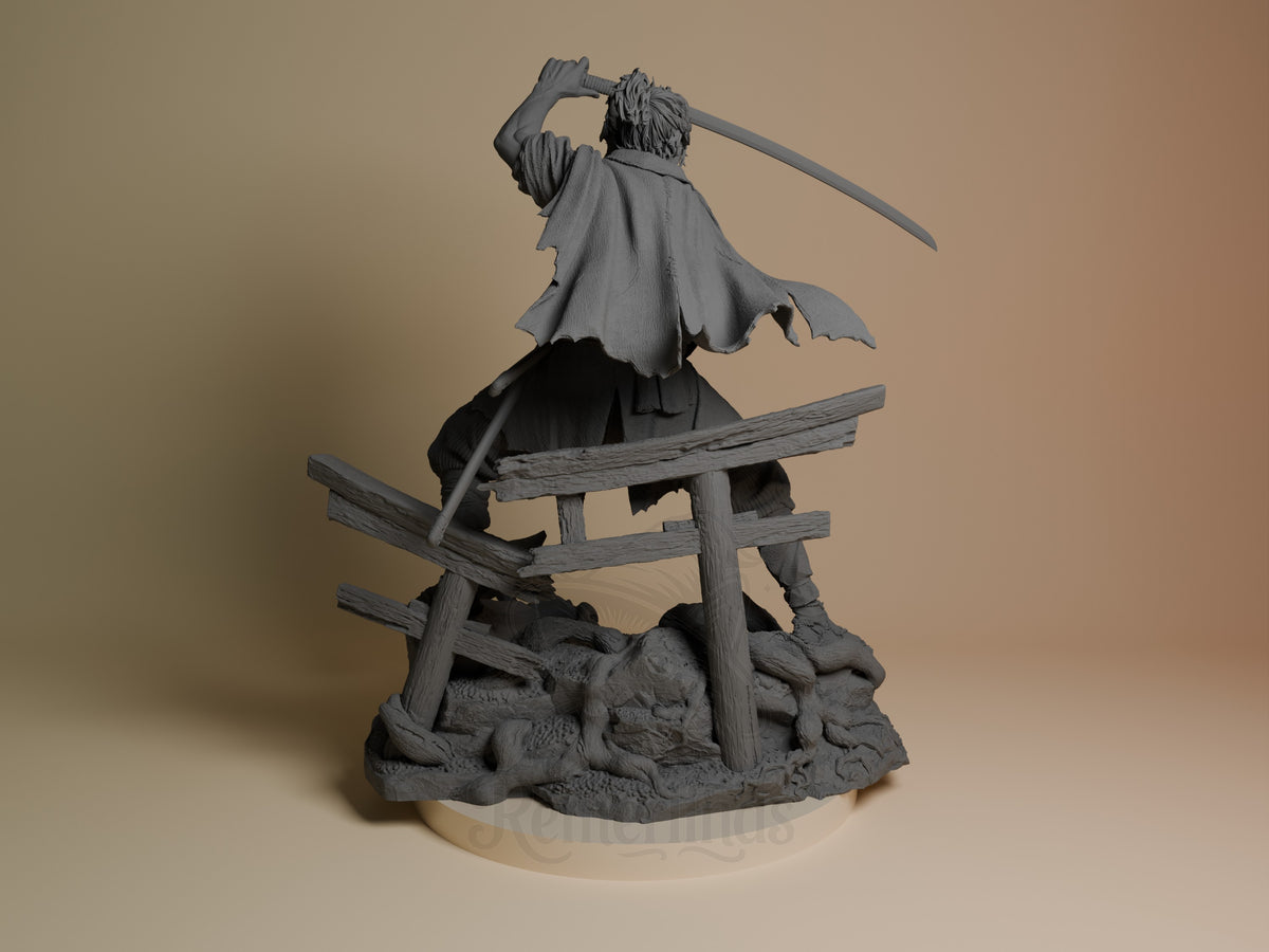 Back view of Miyamoto Musashi from Onimusha, an unpainted resin figure raising a sword above a rocky fence base.