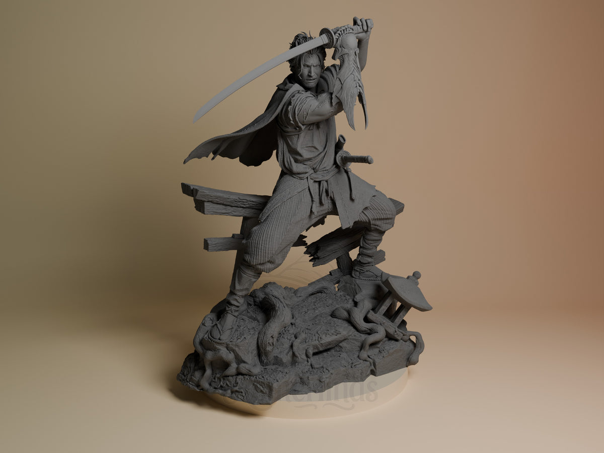 Unpainted resin figure of Miyamoto Musashi from Onimusha crouches front-facing, sword raised above a sculpted base.