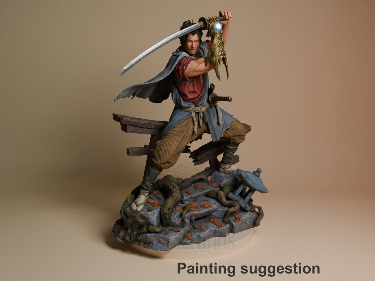 Painted resin figure of Miyamoto Musashi from Onimusha raises a sword overhead on a rocky base.