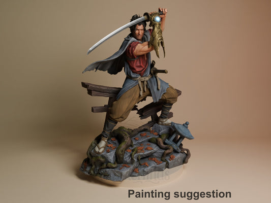 Painted resin figure of Miyamoto Musashi from Onimusha raises a sword overhead on a rocky base.
