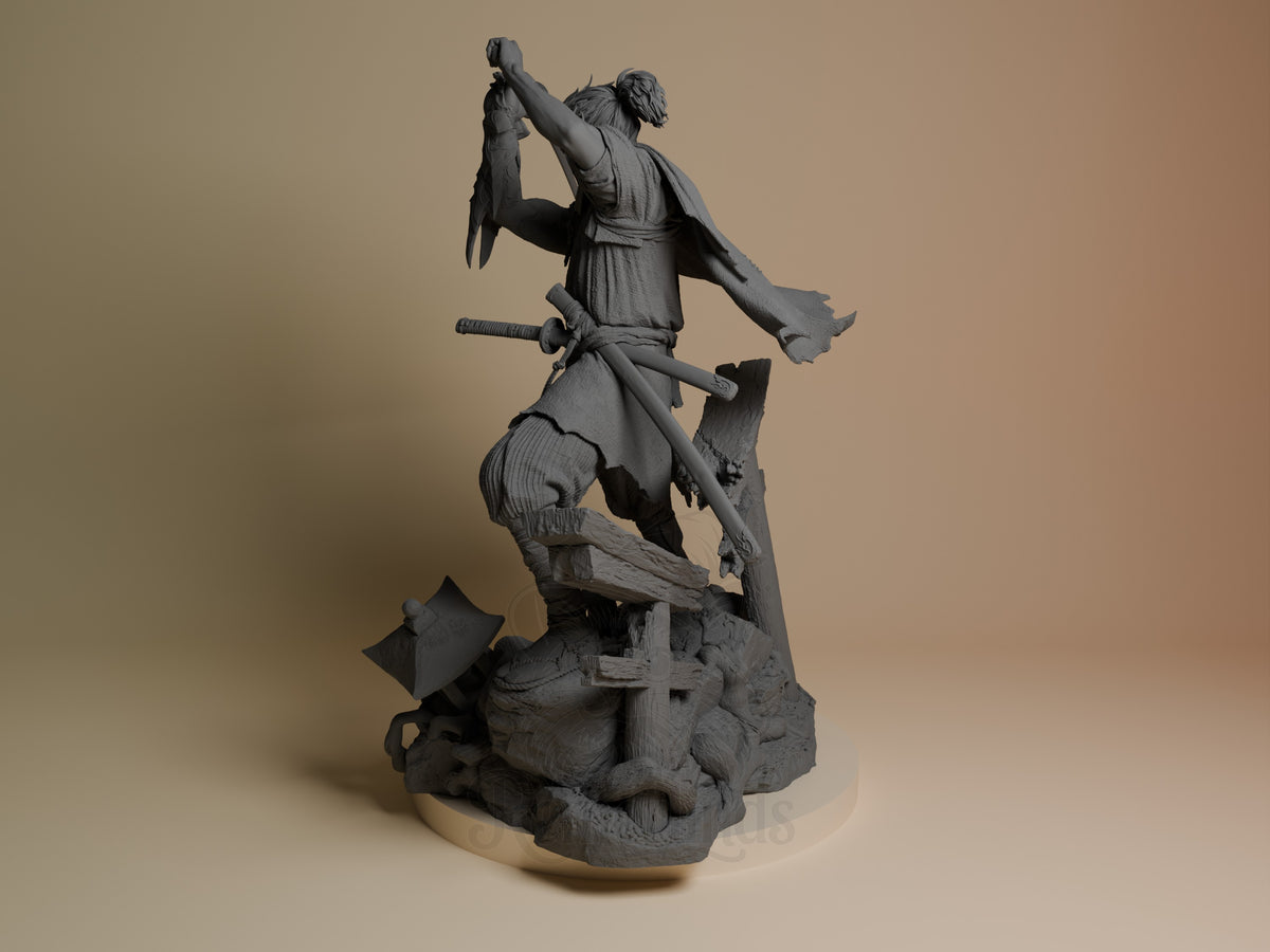Miyamoto Musashi from Onimusha resin figure stands dynamically on a sculpted rocky base, unpainted.