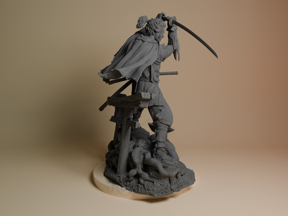 Miyamoto Musashi from Onimusha is a gray unpainted resin figure posed with a raised sword on a sculpted base.