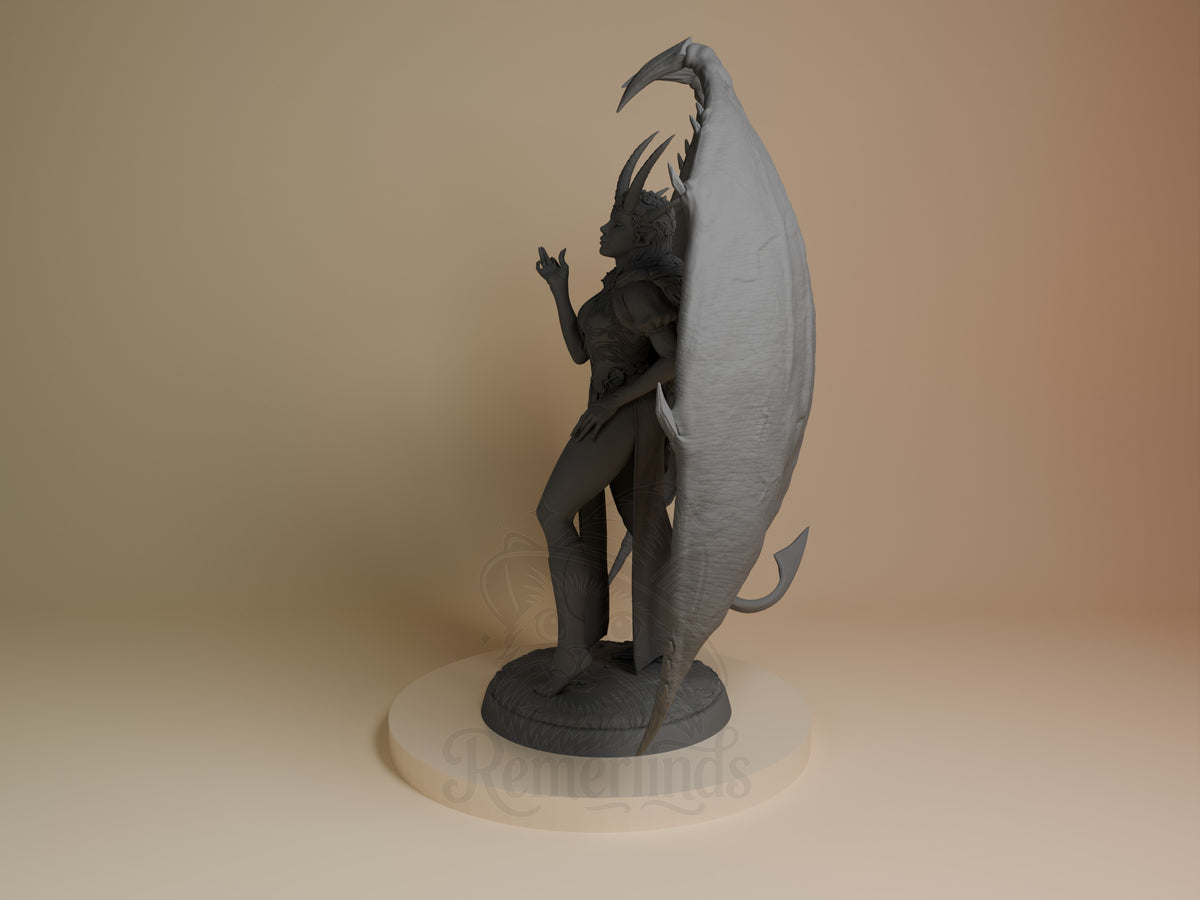 Mizora resin figure from Baldur's Gate shown from side angle, dark unpainted form with large curved wing detail, standing on circular base.
