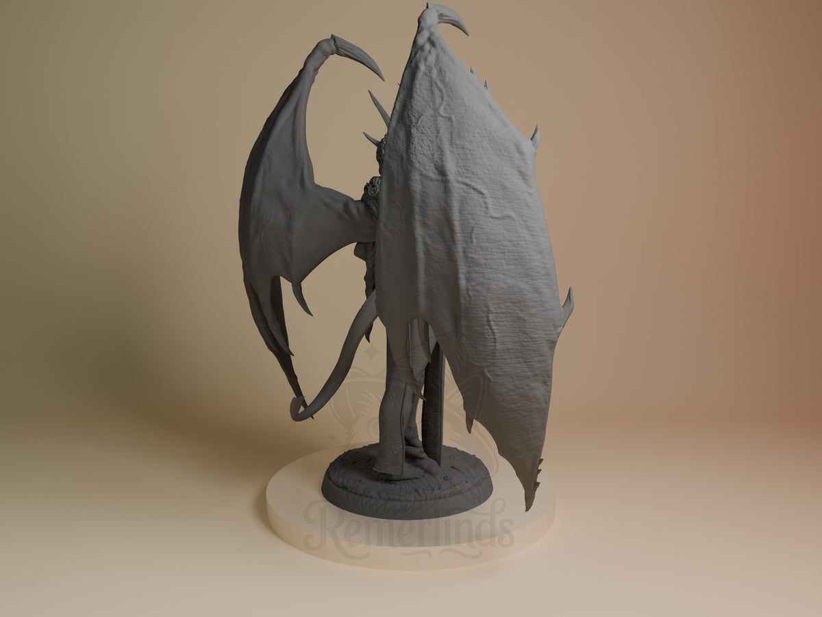 Mizora resin figure from Baldur's Gate shown from rear, displaying wings and horned silhouette on circular base, unpainted gray finish.