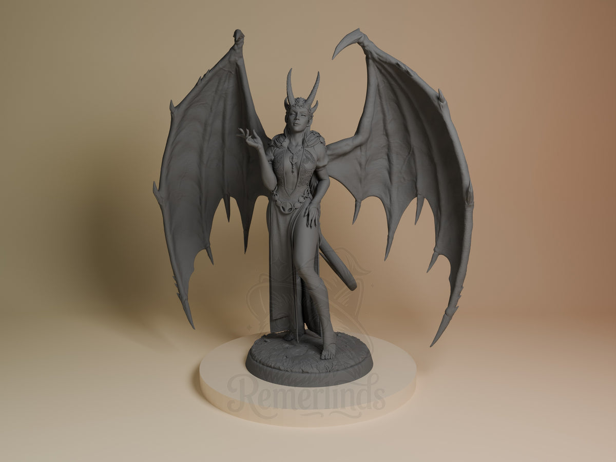 Mizora resin figure from Baldur's Gate, unpainted gray, front view showing horned demon woman with spread bat wings on round base.