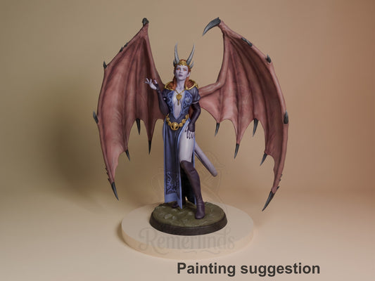 Mizora resin figure from Baldur's Gate painted in purple and gold, displayed front-center with wings spread wide, standing on round base.