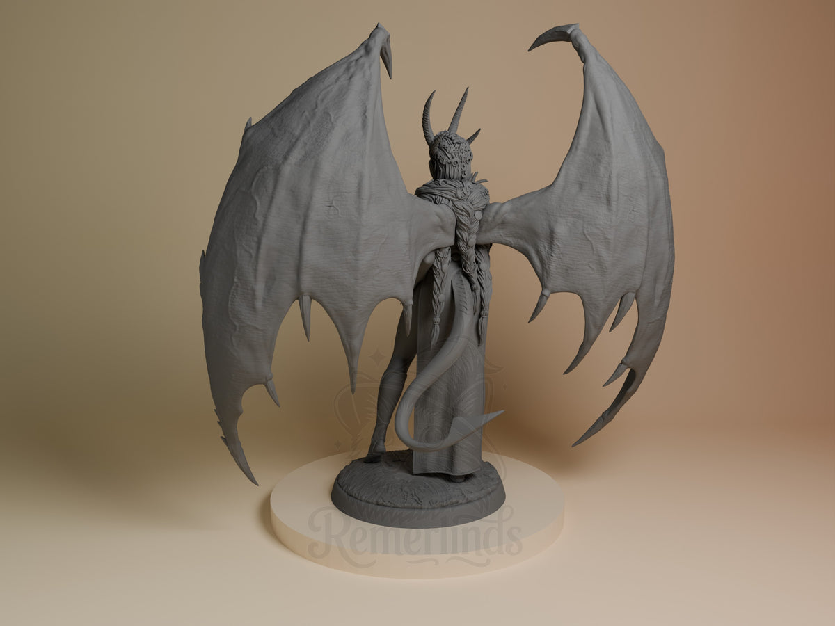 Mizora resin figure from Baldur's Gate shown from left angle, unpainted gray, standing with wings spread wide and tail curved, on circular base.