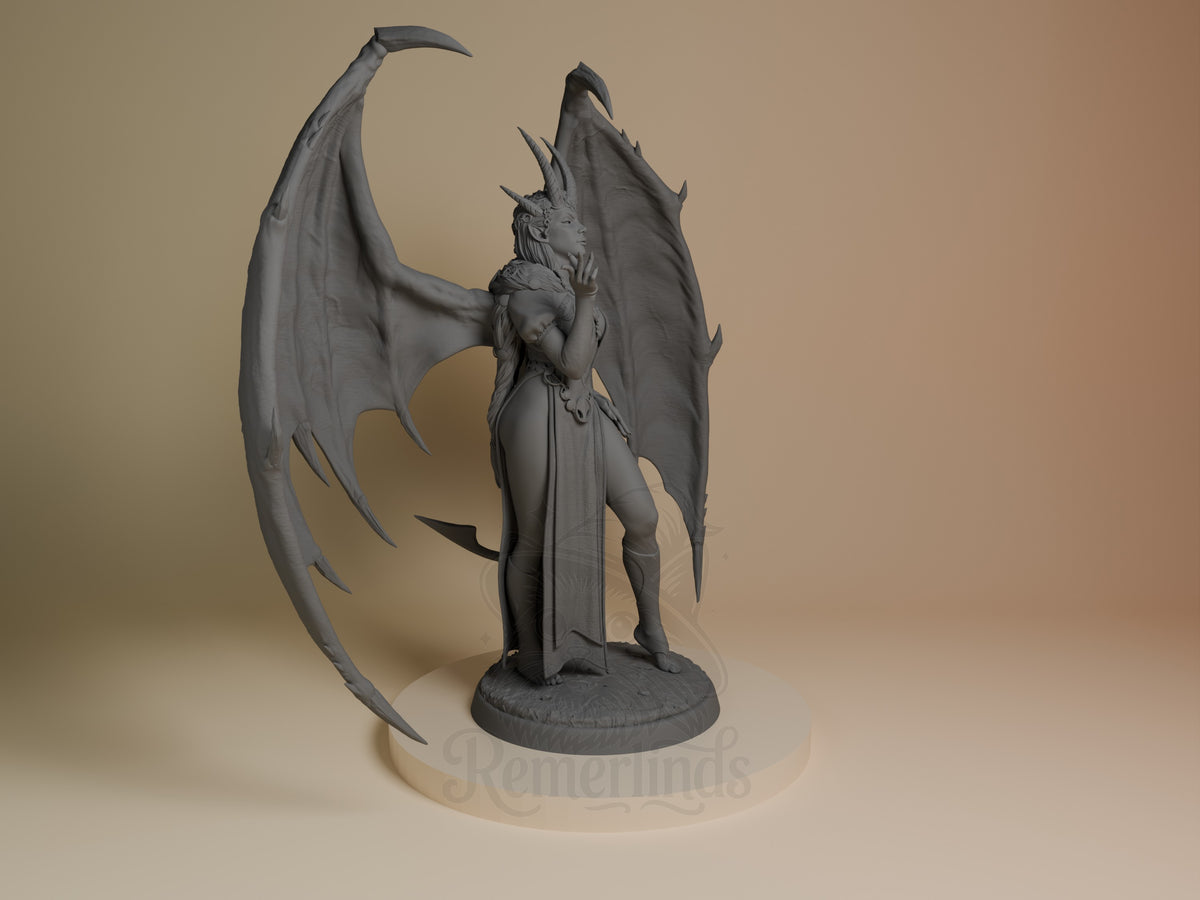 Mizora resin figure from Baldur's Gate shown from the right side, displaying her horned head, wings, and robed form on a circular base.
