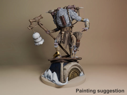 Monoco resin figure from Expedition 33 posed on ornate base with snow details, holding axe and lantern, white hair and tan outfit, partially painted.