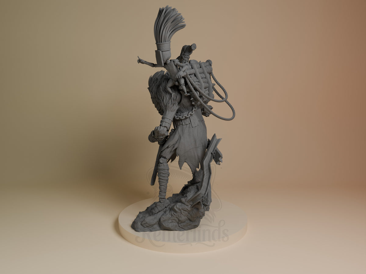 Monoco from Expedition 33 is an unpainted resin figure at an angle, with raised arm and gear on a rocky base.