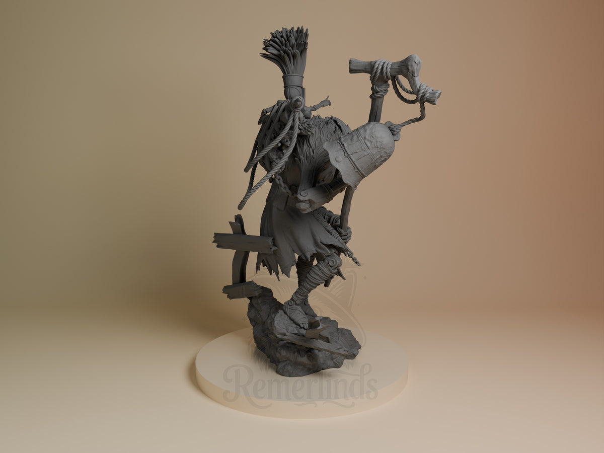 Rear view of Monoco from Expedition 33, an unpainted resin figure with ropes on a sculpted base.