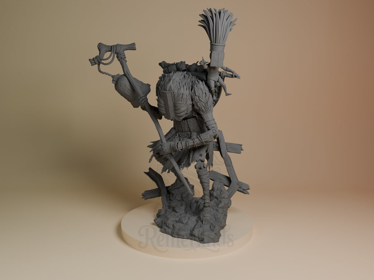 Monoco from Expedition 33 stands front-facing as an unpainted resin figure on a rocky base.