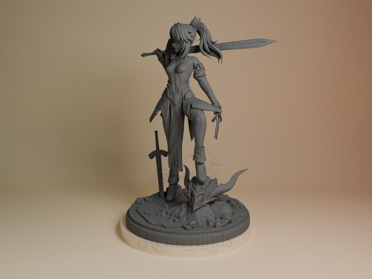 Crimson Renegade resin figure from Destiny Oath in unpainted gray, shown at angle with sword raised, standing on textured base.