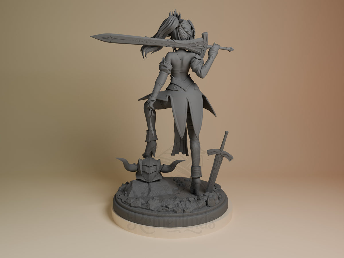 Crimson Renegade resin figure from Destiny Oath shown from back, unpainted gray, wielding sword overhead with horned helm at base.
