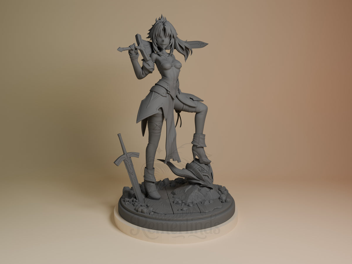 Crimson Renegade resin figure from Destiny Oath in unpainted gray, posed dynamically with dual swords on textured base, front view.