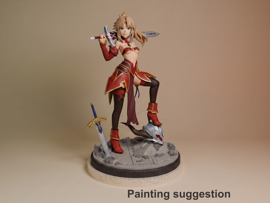 Crimson Renegade resin figure from Destiny Oath posed with dual swords on rocky base, painted in red and gold armor with brown accents.