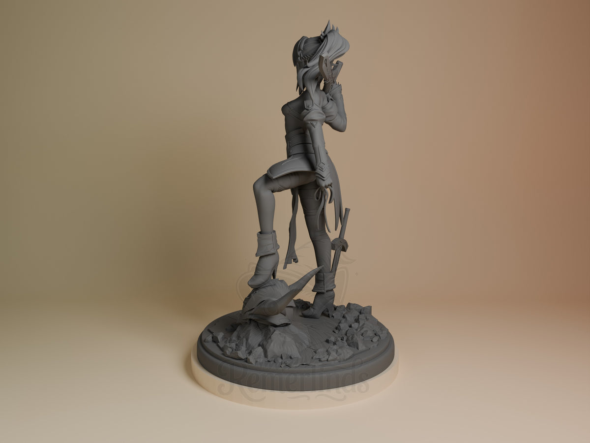 Crimson Renegade resin figure from Destiny Oath in unpainted grey, posed standing on rocky base, shown from left side angle.