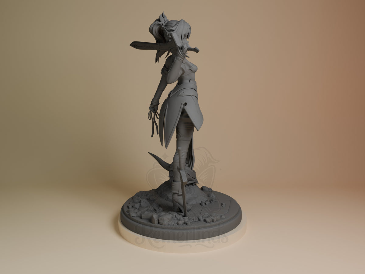 Crimson Renegade resin figure from Destiny Oath in unpainted grey, shown from right side in dynamic pose with sword raised, rocky base.