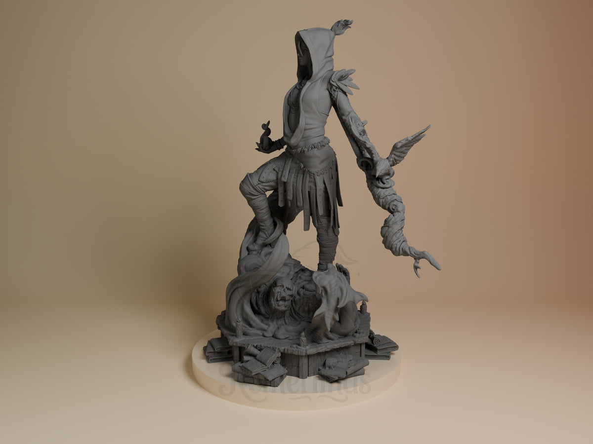 Morrigan from Dragon Age is an unpainted resin figure shown at an angle, posed with a winged staff on a sculpted base.