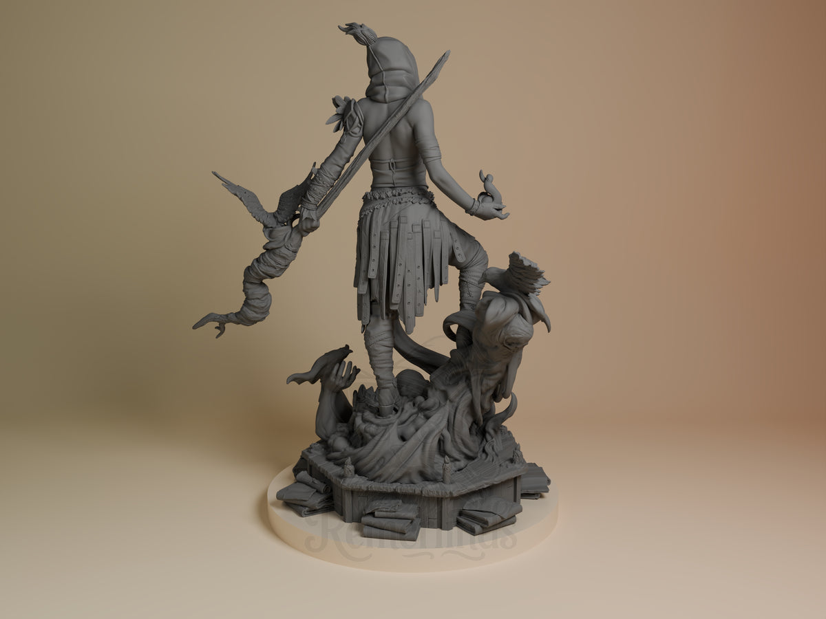 Morrigan from Dragon Age shown from the back as an unpainted resin figure on a sculpted base.