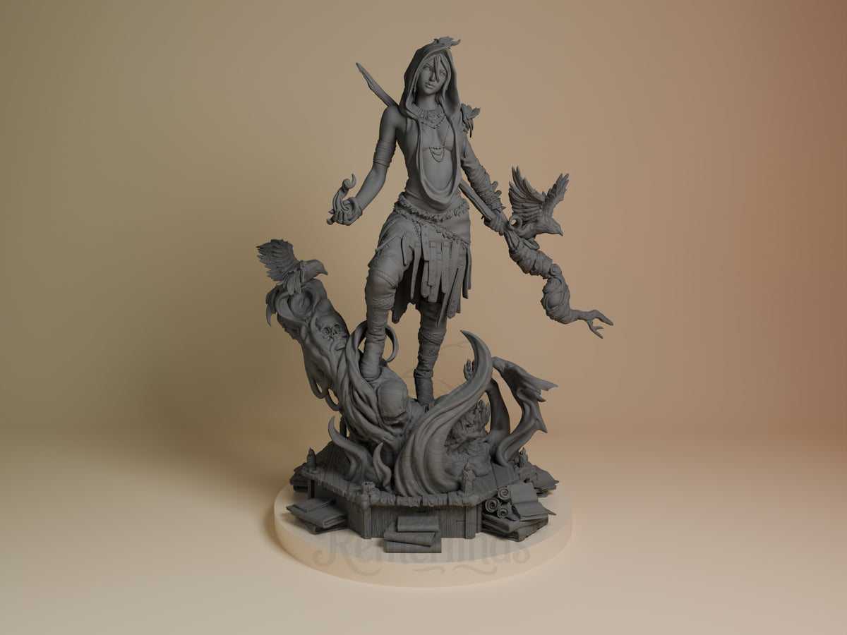 Morrigan from Dragon Age stands front-facing as an unpainted resin figure with birds on a sculpted base.