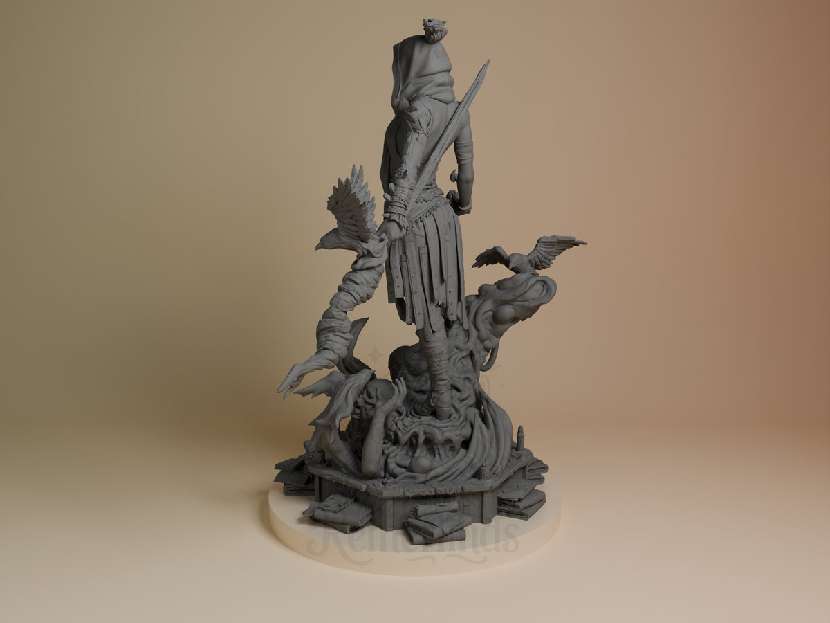 Morrigan from Dragon Age is an unpainted resin figure in left view, standing on a sculpted base.