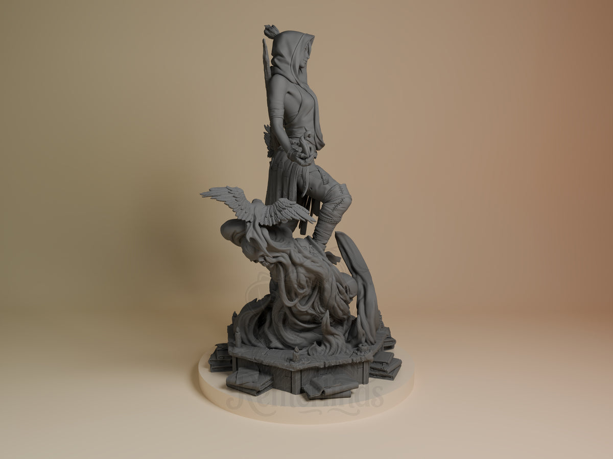 Morrigan from Dragon Age appears in right-side profile as an unpainted resin figure on a winged sculpted base.