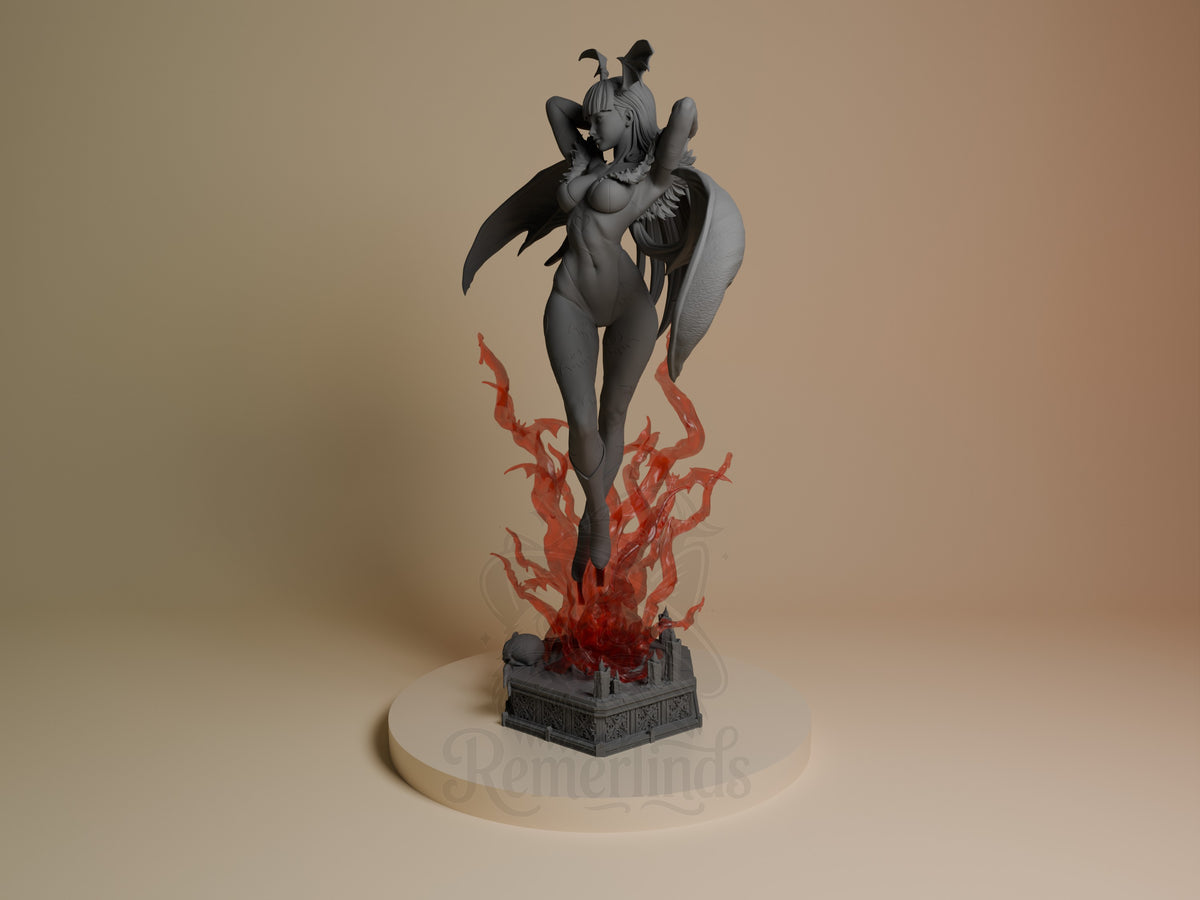 Morrigan Aensland from Dark Stalkers is a mostly unpainted resin figure in a three-quarter pose with wings and sculpted base.