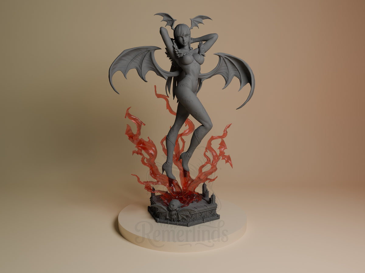 Front-facing Morrigan Aensland from Dark Stalkers resin figure poses with wings on a sculpted base, mostly unpainted.