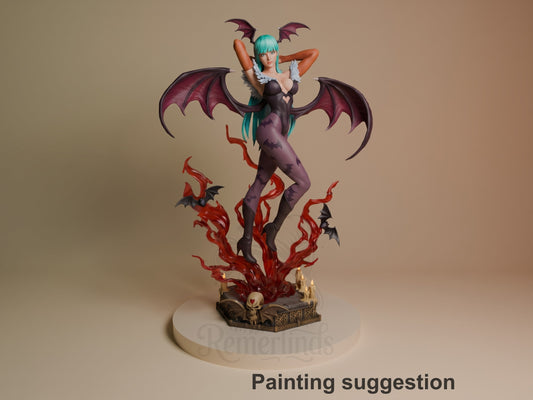 Painted Morrigan Aensland resin figure from Dark Stalkers stands with wings on a sculpted base.