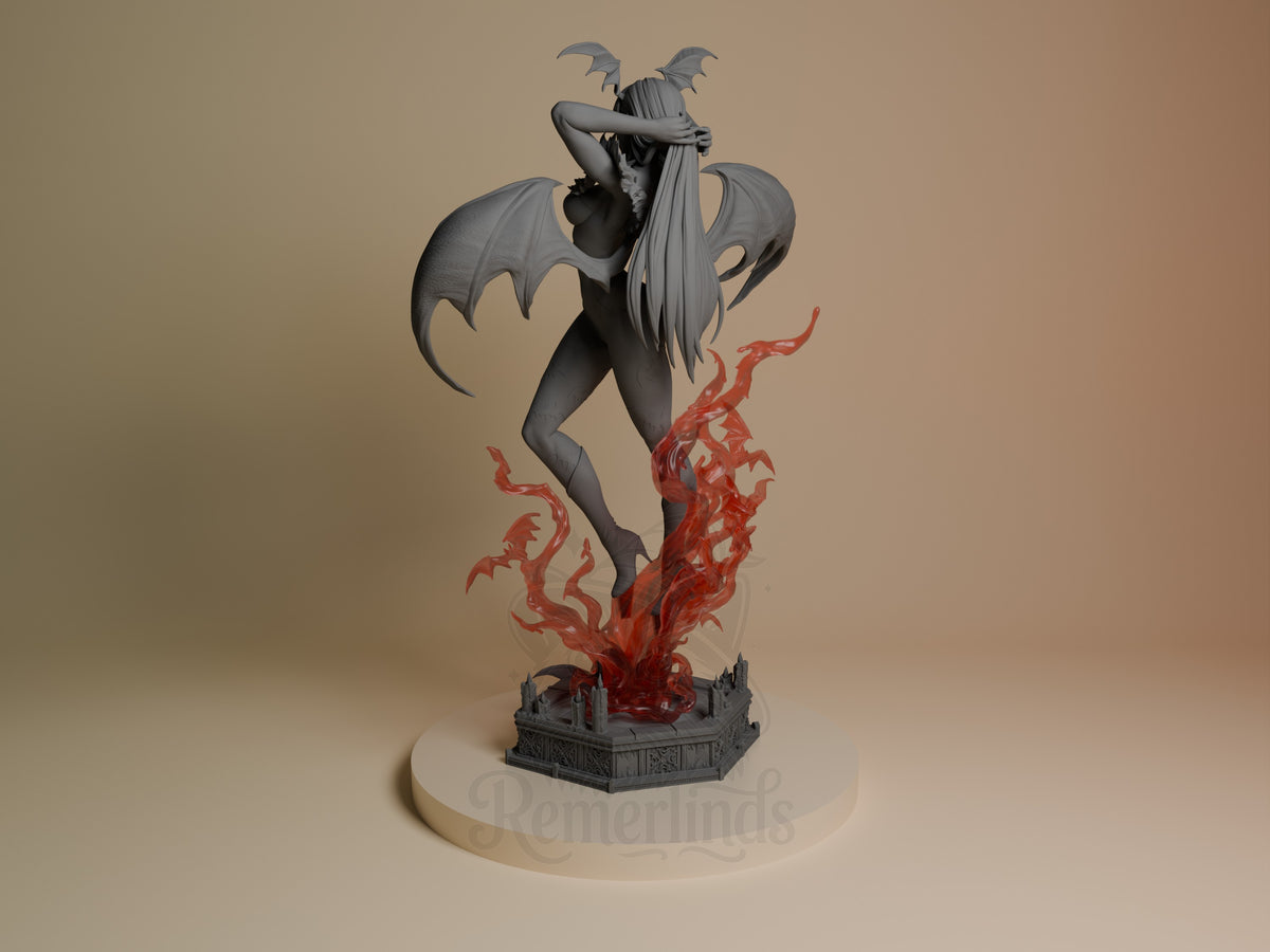 Morrigan Aensland from Dark Stalkers is an unpainted resin figure, rear-facing with wings and a sculpted flame base.